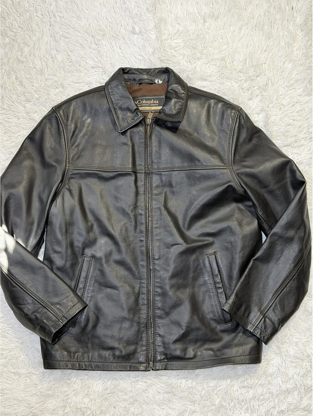 Columbia Brown Leather Mens Jacket size M,Zip Front Pockets Casual Coat